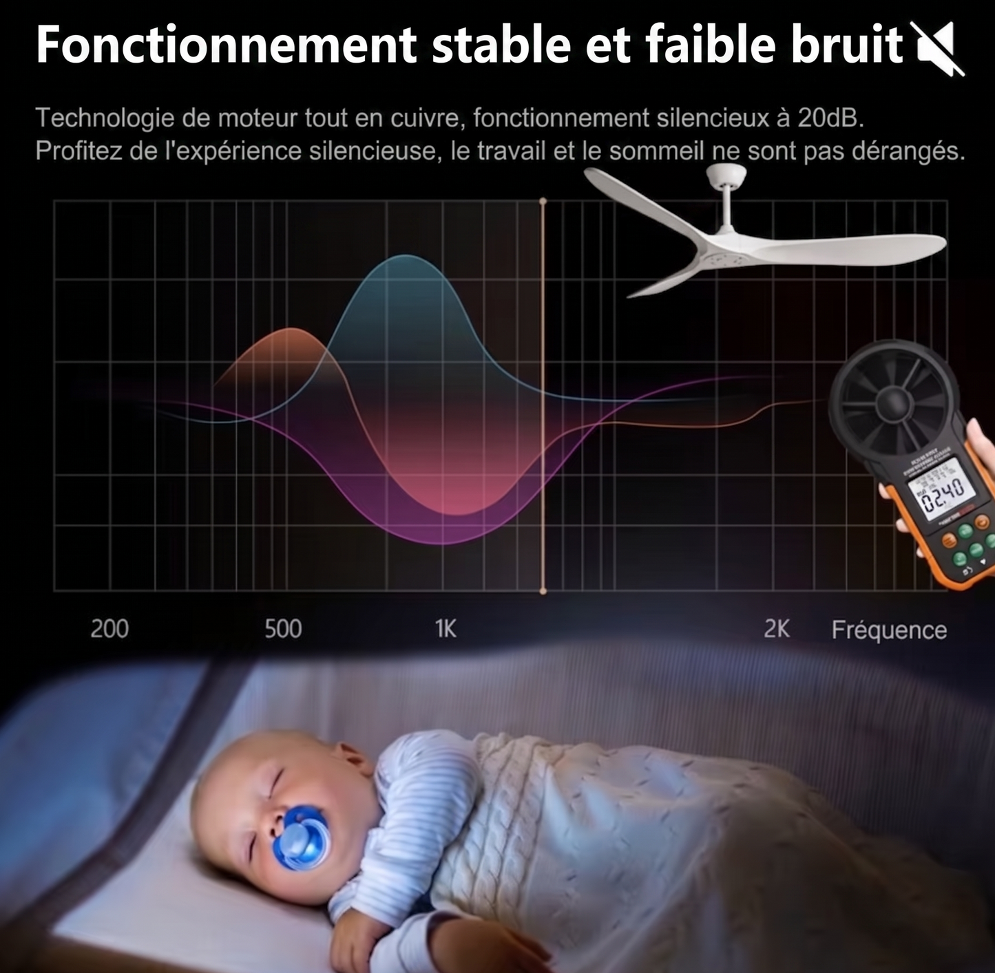 Ventilateur Plafond Bois Massif Sans LED — Moteur DC 35W Silencieux — Noir & Bois Foncé