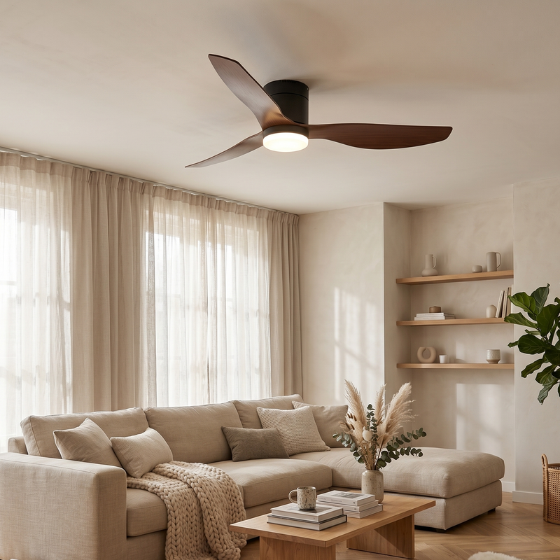 Ventilateur Plafond Ultra-plat 22cm LED 24W — Moteur Plat Silencieux — Noir & Bois Foncé