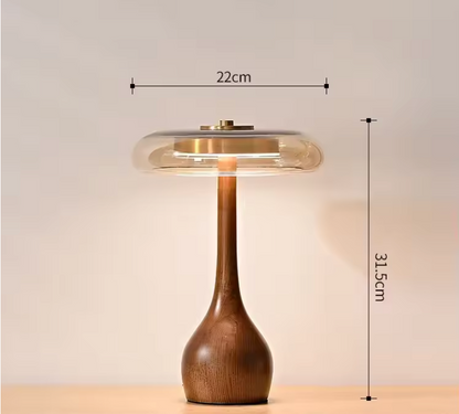 Lampe à Poser "La Forestière" — Bois Noyer & Verre Ambré Mid-Century 2 Hauteurs | Linea Lumen