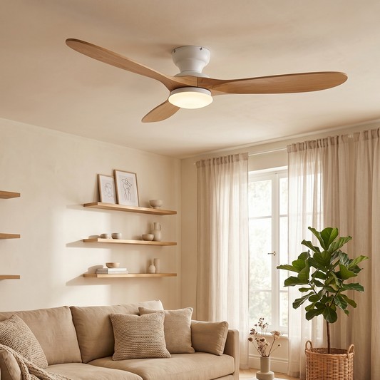 Ventilateur Plafond Bois Massif LED 24W — Moteur DC 35W Silencieux — Blanc & Bois Naturel