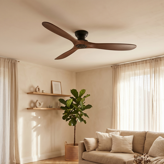 Ventilateur Plafond Bois Massif Sans LED — Moteur DC 35W Silencieux — Noir & Bois Foncé