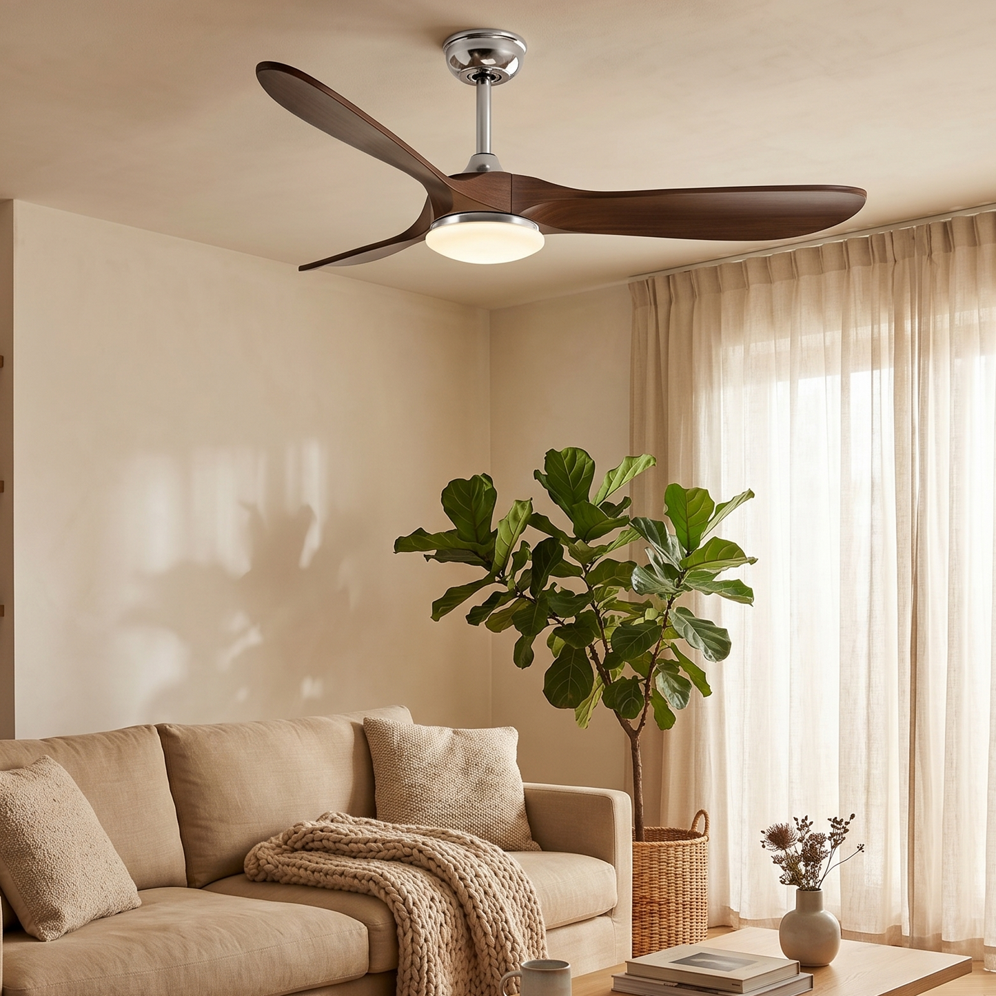 Ventilateur Plafond Vintage Industriel LED 24W — Moteur DC 35W — Argent & Bois Foncé