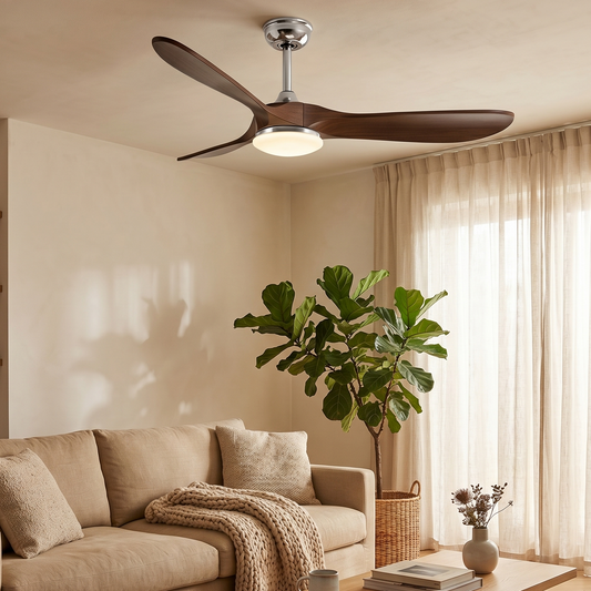 Ventilateur Plafond Vintage Industriel LED 24W — Moteur DC 35W — Argent & Bois Foncé