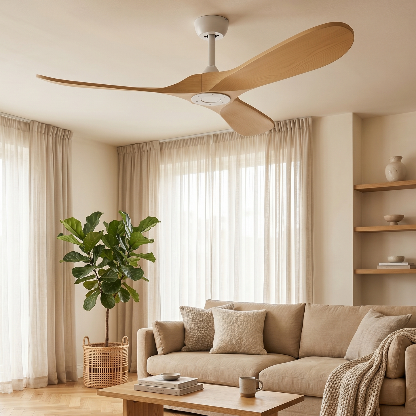 Ventilateur Plafond Vintage Industriel Sans LED — Moteur DC 35W — Blanc & Bois Naturel