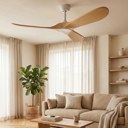 Ventilateur Plafond Vintage Industriel Sans LED — Moteur DC 35W — Blanc & Bois Naturel