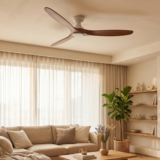 Ventilateur Plafond Bois Massif Sans LED — Moteur DC 35W Silencieux — Gris & Bois Foncé