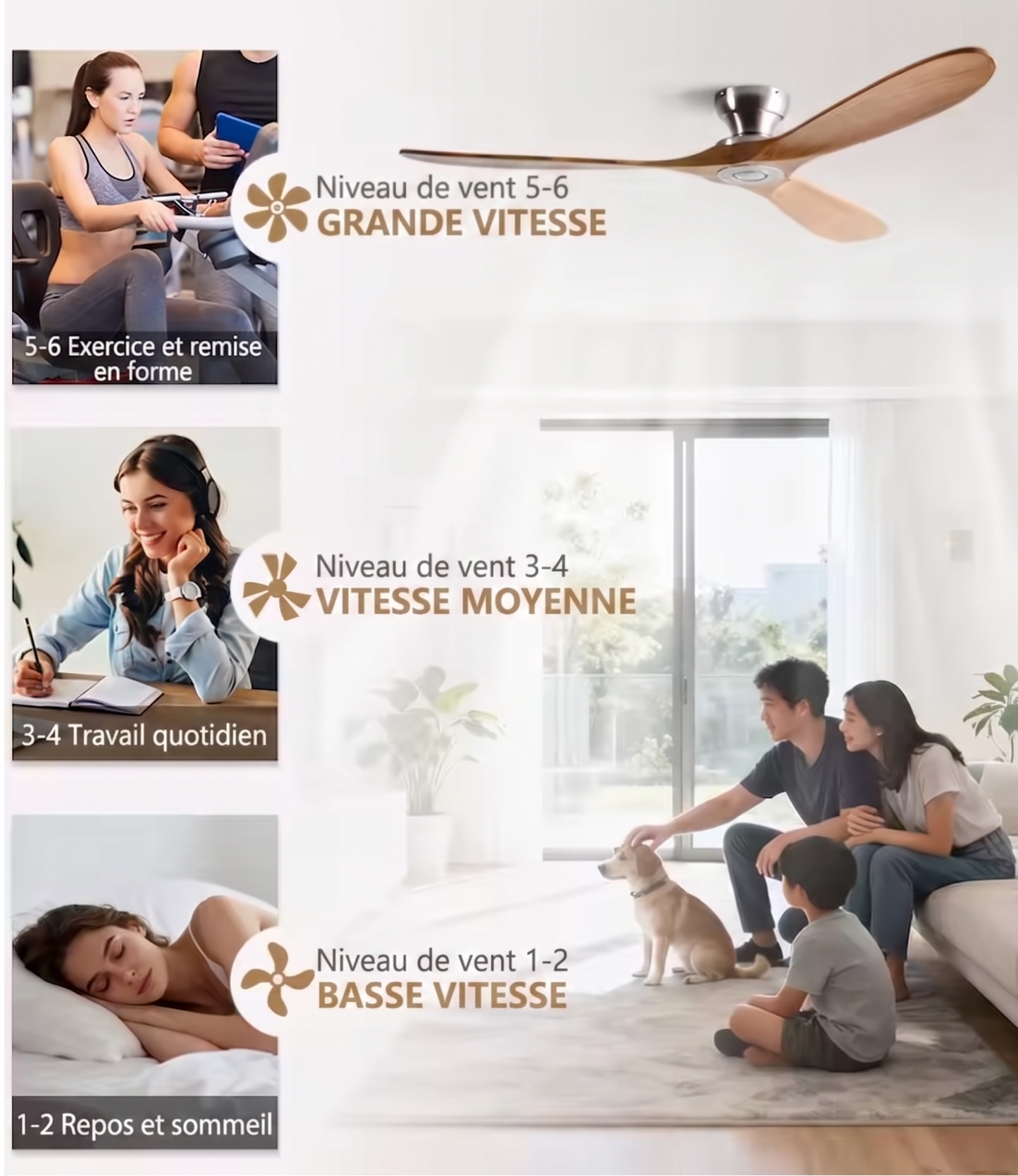 Ventilateur Plafond Bois Massif LED 24W — Moteur DC 35W Silencieux — Noir & Bois Foncé