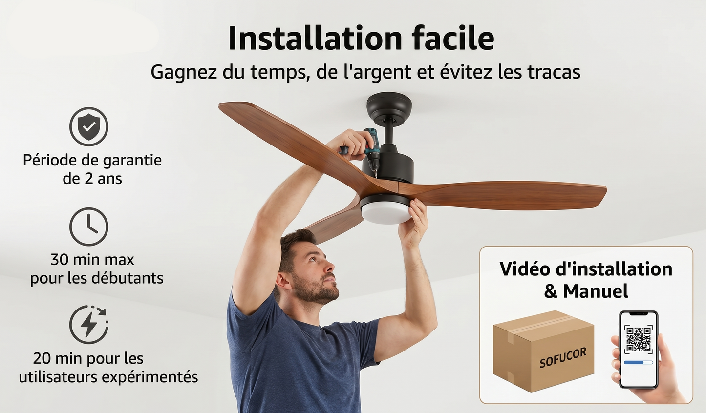 Ventilateur "Le Sofucor" — 52" 3 Pales Bois Moteur DC