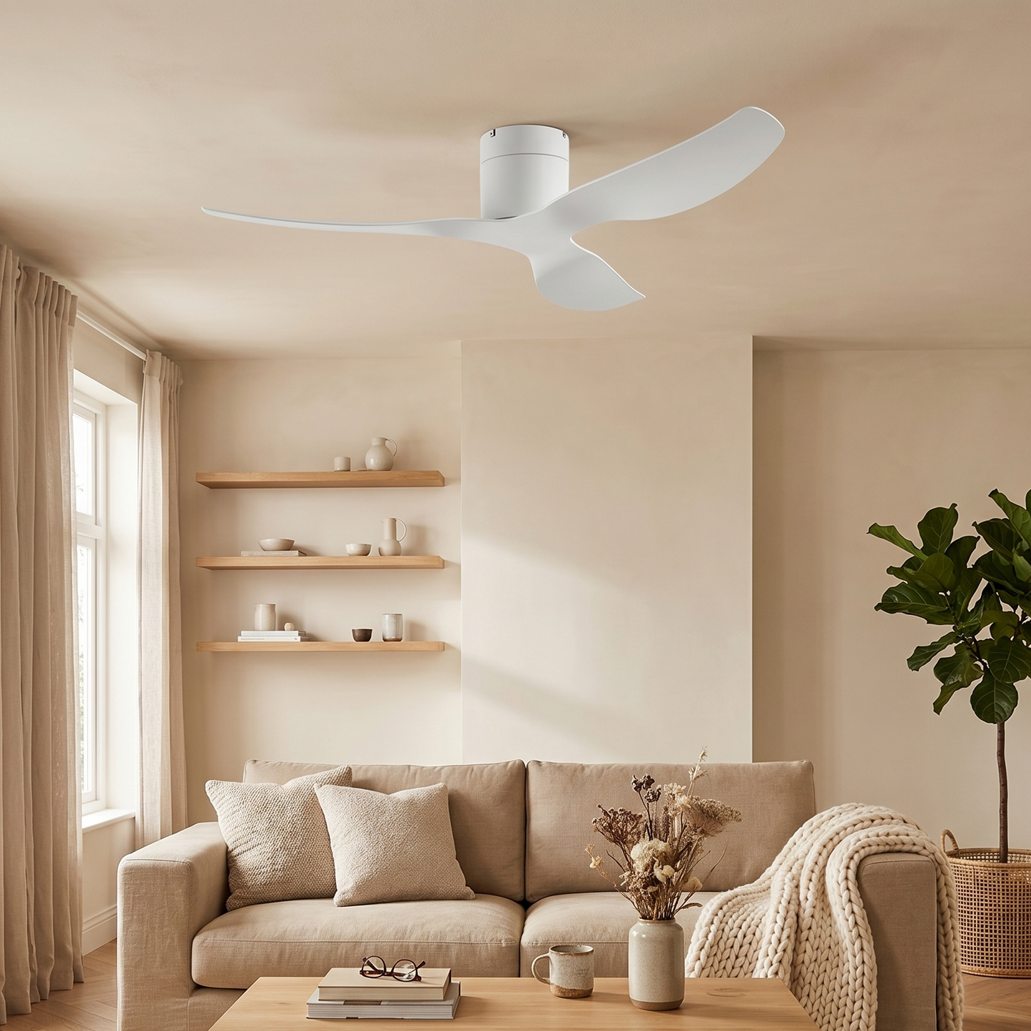 Ventilateur Plafond Ultra-plat 22cm Sans LED — Moteur Plat Silencieux — Total Blanc Mat