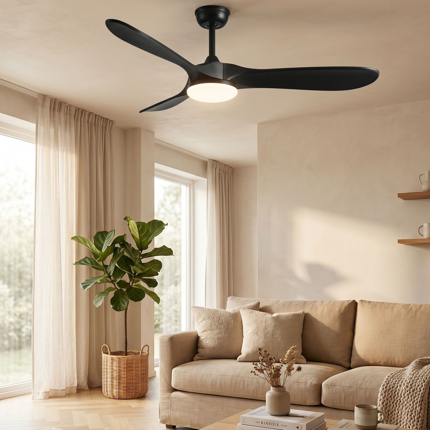 Ventilateur Plafond Vintage Industriel LED 24W — Moteur DC 35W — Total Noir Mat