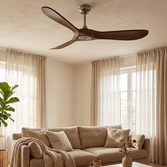 Ventilateur Plafond Vintage Industriel Sans LED — Moteur DC 35W — Argent & Bois Foncé