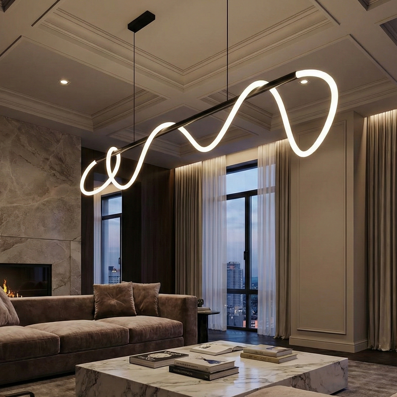 Suspension "L'Ondine" — LED Barre & Tube Vague Design Noir 100/150 cm Télécommande | Linea Lumen