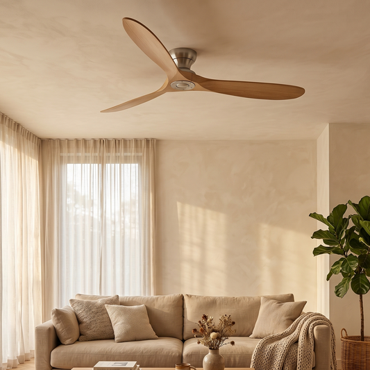 Ventilateur Plafond Bois Massif Sans LED — Moteur DC 35W Silencieux — Argent & Bois Naturel
