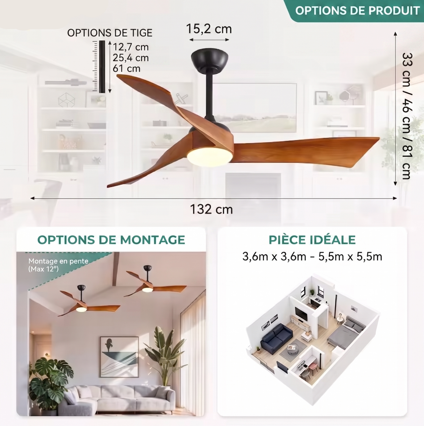 Ventilateur "Le Sofucor" — 52" 3 Pales Bois Moteur DC