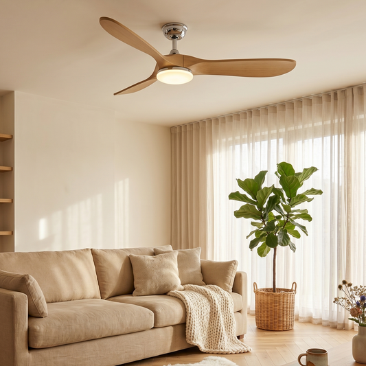 Ventilateur Plafond Vintage Industriel LED 24W — Moteur DC 35W — Argent & Bois Naturel