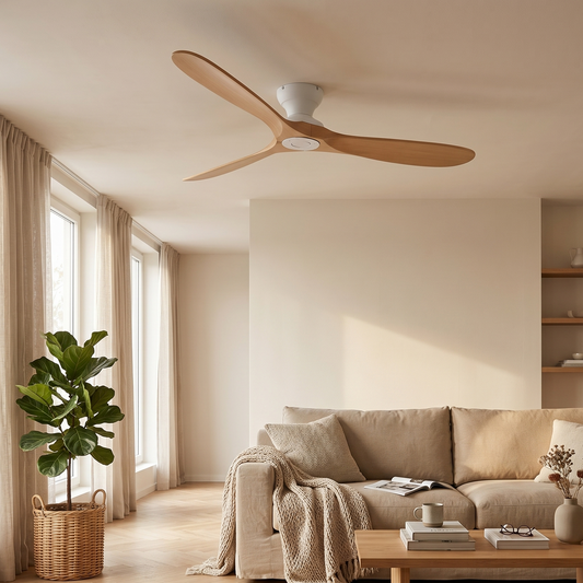 Ventilateur Plafond Bois Massif Sans LED — Moteur DC 35W Silencieux — Blanc & Bois Naturel
