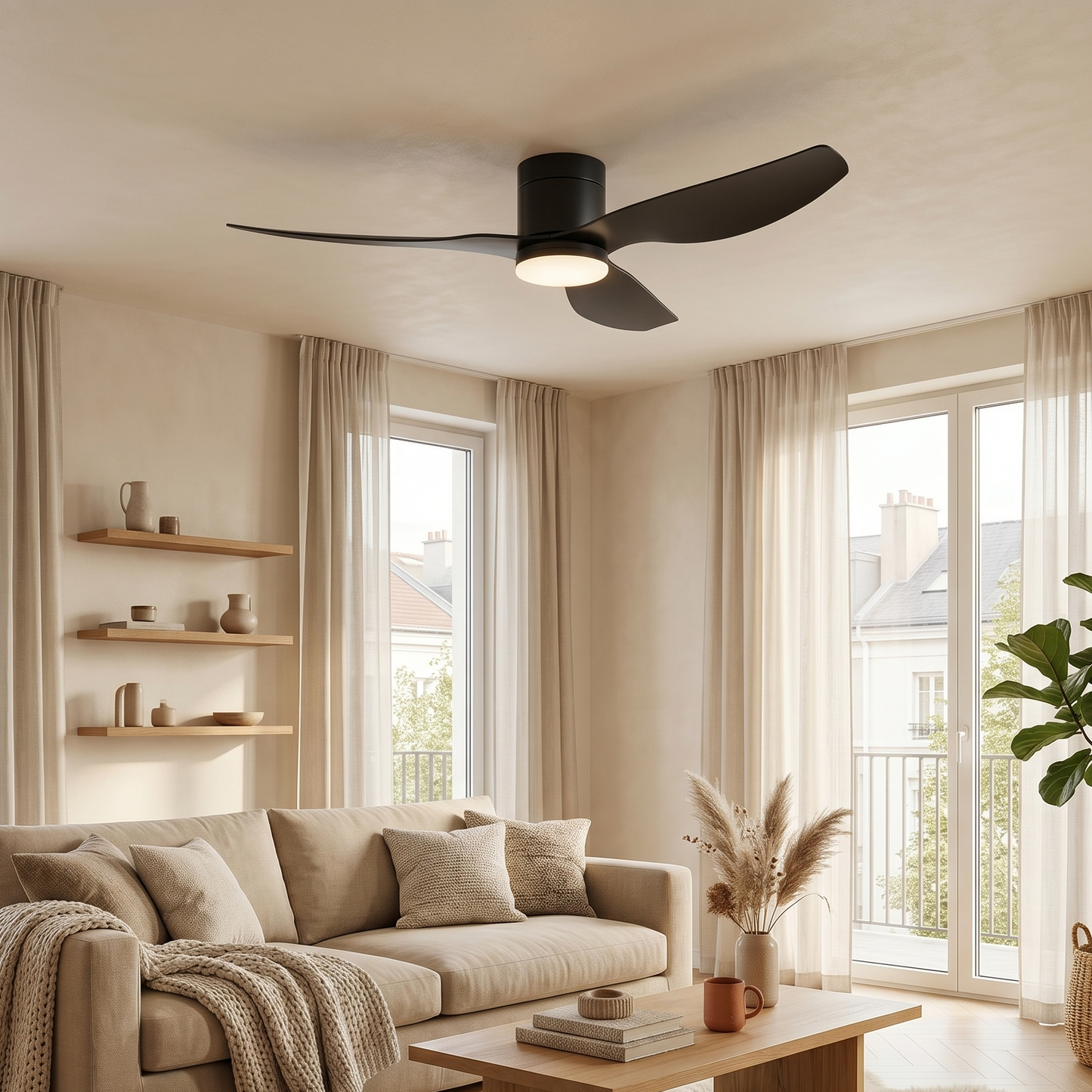 Ventilateur Plafond Ultra-plat 22cm LED 24W — Moteur Plat Silencieux — Total Noir Mat
