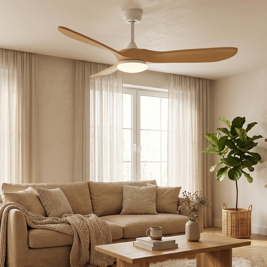 Ventilateur Plafond Vintage Industriel LED 24W — Moteur DC 35W — Blanc & Bois Naturel