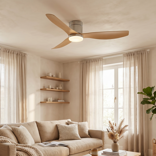 Ventilateur Plafond Ultra-plat 22cm LED 24W — Moteur Plat Silencieux — Argent & Bois Clair