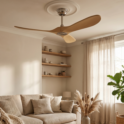 Ventilateur Plafond Vintage Industriel Sans LED — Moteur DC 35W — Argent & Bois Clair