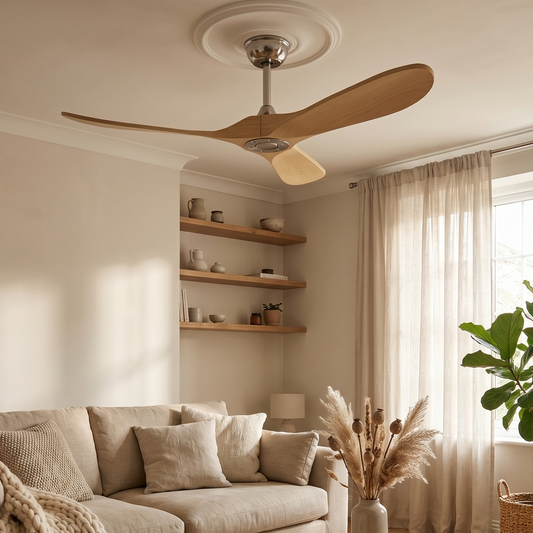 Ventilateur Plafond Vintage Industriel Sans LED — Moteur DC 35W — Argent & Bois Clair