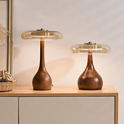 Lampe à Poser "La Forestière" — Bois Noyer & Verre Ambré Mid-Century 2 Hauteurs | Linea Lumen