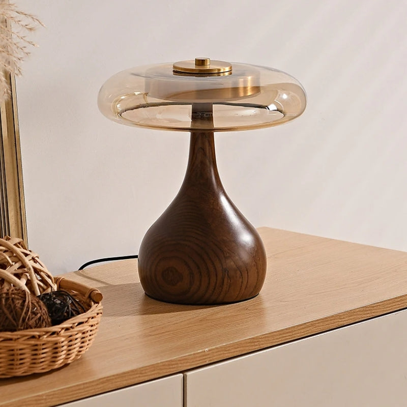 Lampe à Poser "La Forestière" — Bois Noyer & Verre Ambré Mid-Century 2 Hauteurs | Linea Lumen