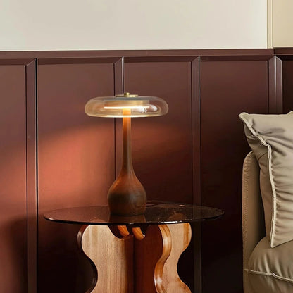 Lampe à Poser "La Forestière" — Bois Noyer & Verre Ambré Mid-Century 2 Hauteurs | Linea Lumen