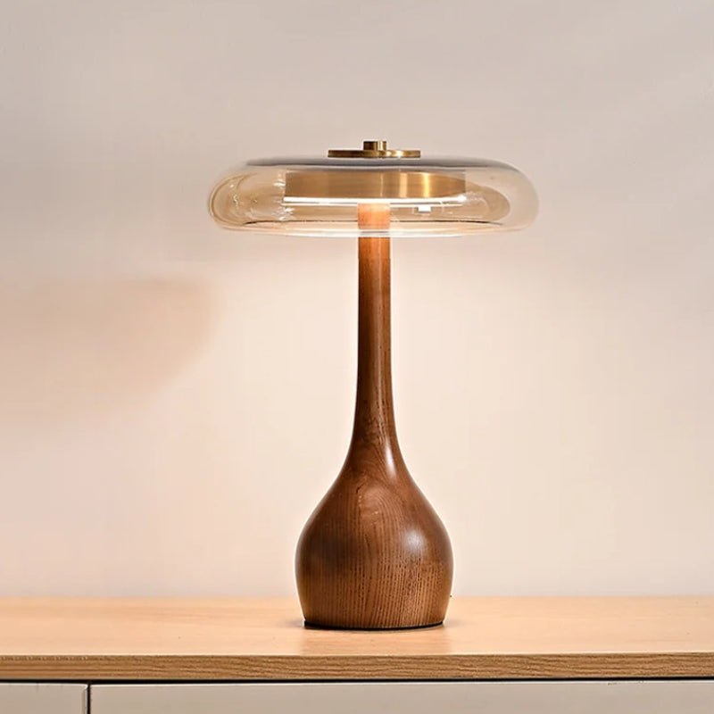 Lampe à Poser "La Forestière" — Bois Noyer & Verre Ambré Mid-Century 2 Hauteurs | Linea Lumen