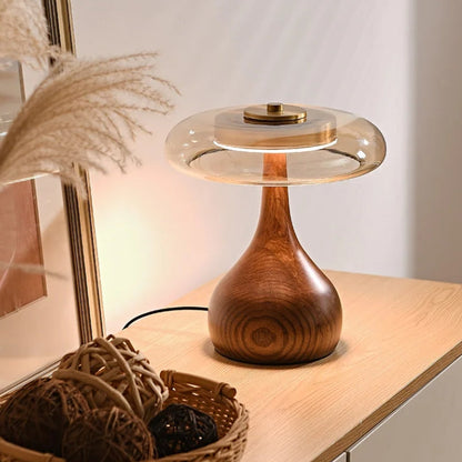 Lampe à Poser "La Forestière" — Bois Noyer & Verre Ambré Mid-Century 2 Hauteurs | Linea Lumen