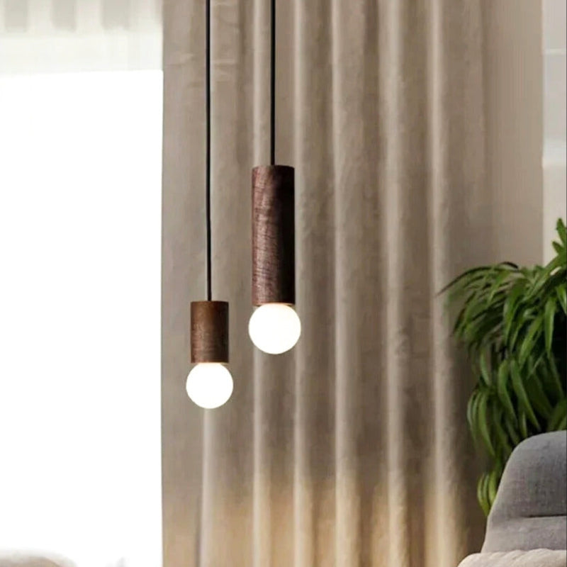 Suspension "Le Cylindre" — Tube Bois Massif Japandi Naturel ou Noyer 3 Hauteurs | Linea Lumen