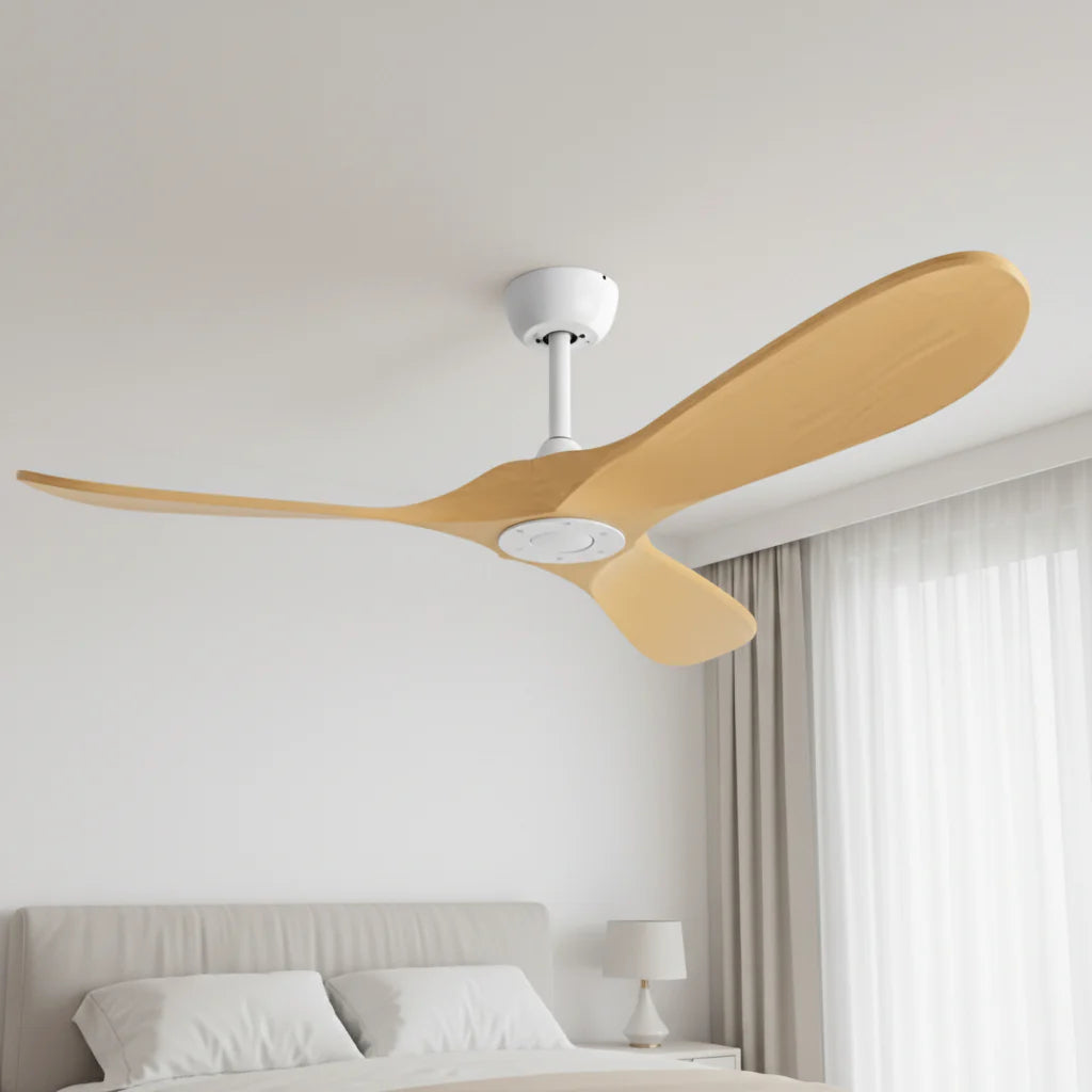 Ventilateur Plafond Vintage Industriel Sans LED — Moteur DC 35W — Blanc & Bois Naturel