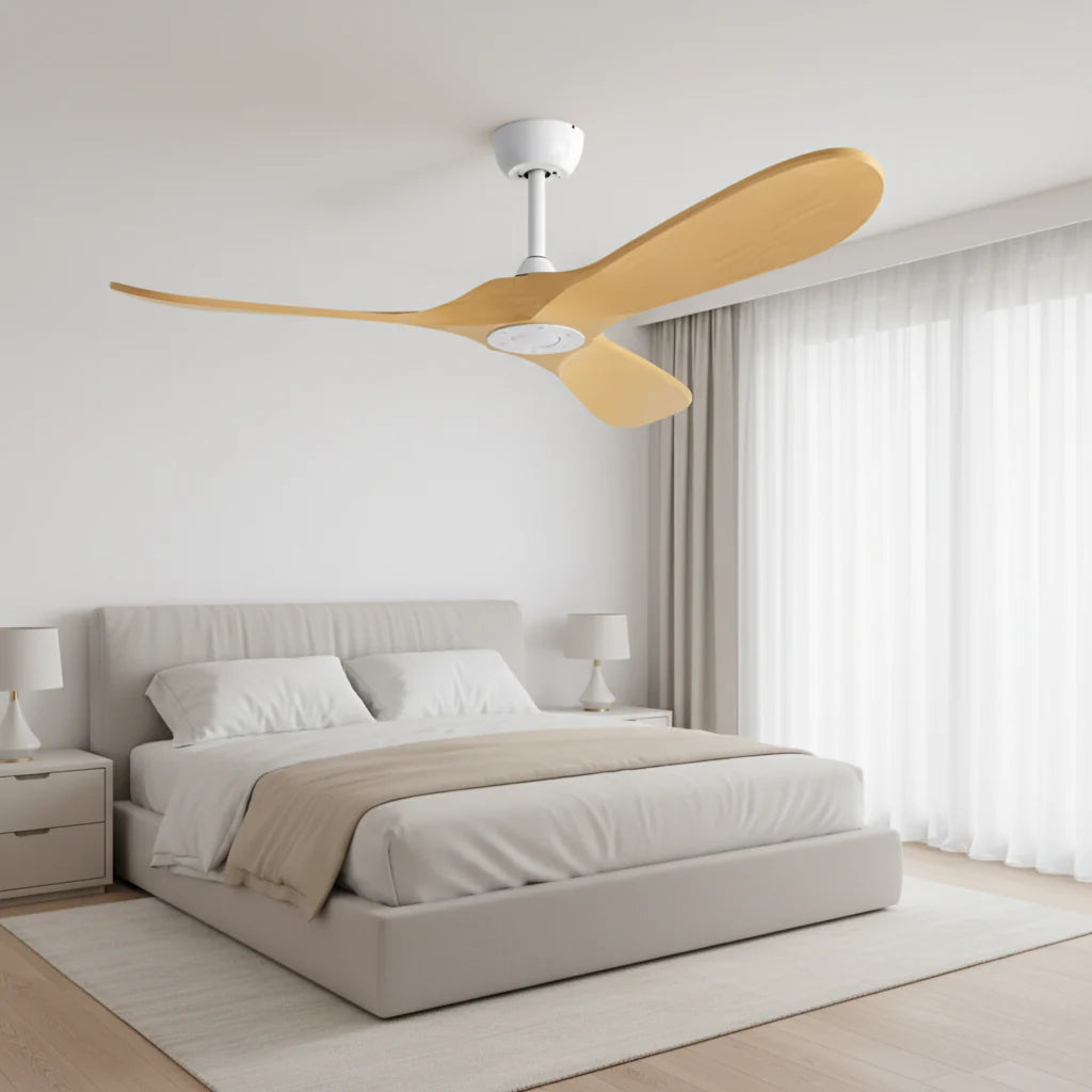 Ventilateur Plafond Vintage Industriel Sans LED — Moteur DC 35W — Blanc & Bois Naturel
