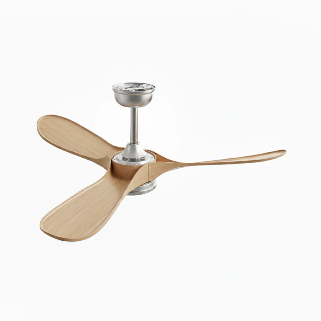 Ventilateur Plafond Vintage Industriel LED 24W — Moteur DC 35W — Argent & Bois Naturel