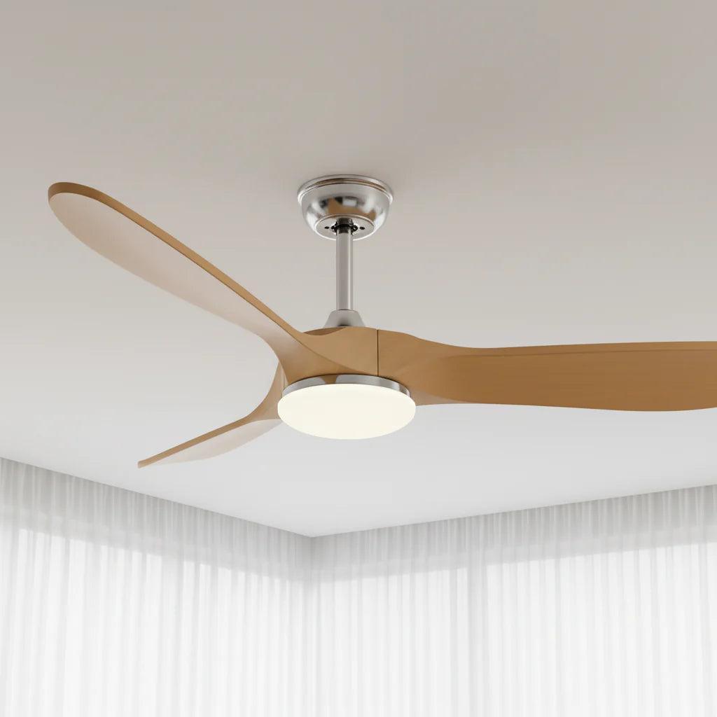 Ventilateur Plafond Vintage Industriel LED 24W — Moteur DC 35W — Argent & Bois Naturel