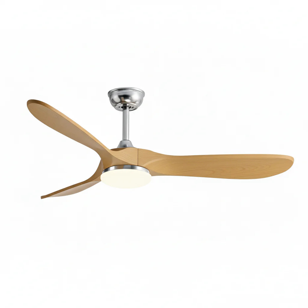 Ventilateur Plafond Vintage Industriel LED 24W — Moteur DC 35W — Argent & Bois Naturel