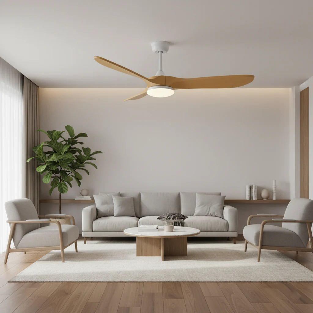 Ventilateur Plafond Vintage Industriel LED 24W — Moteur DC 35W — Blanc & Bois Naturel