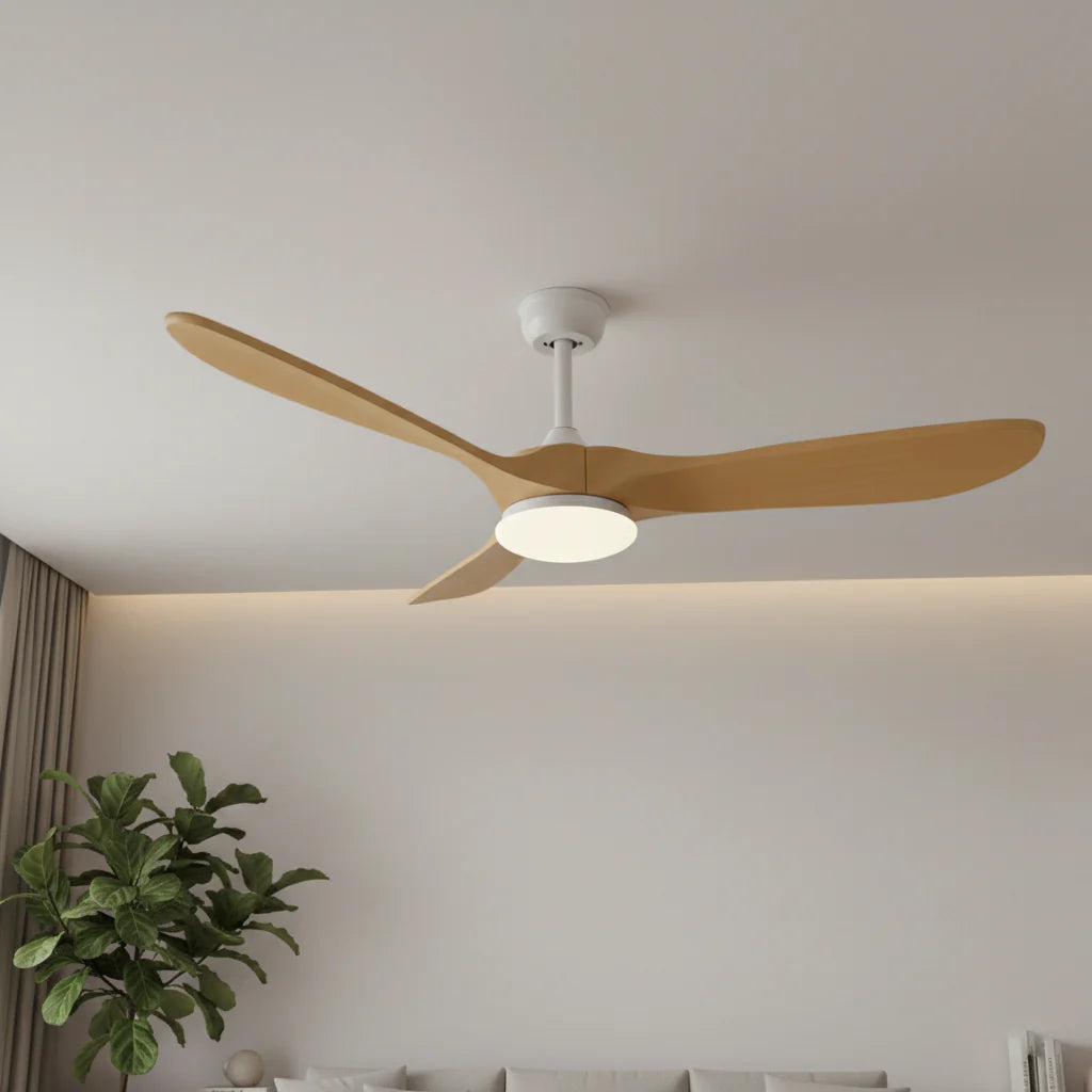 Ventilateur Plafond Vintage Industriel LED 24W — Moteur DC 35W — Blanc & Bois Naturel