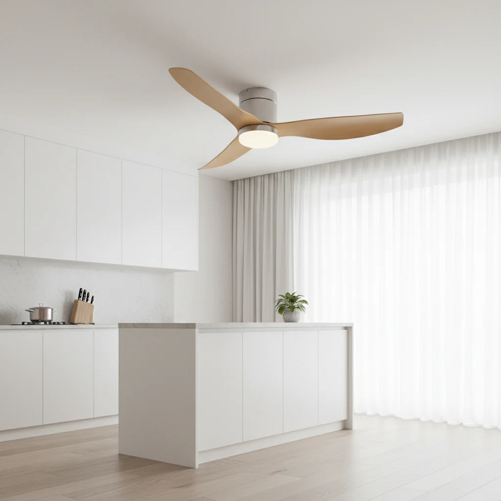 Ventilateur Plafond Ultra-plat 22cm LED 24W — Moteur Plat Silencieux — Argent & Bois Clair
