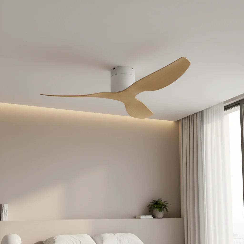 Ventilateur Plafond Ultra-plat 22cm Sans LED — Moteur Plat Silencieux — Blanc & Bois Clair