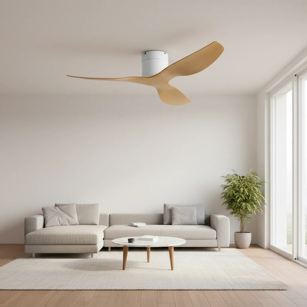 Ventilateur Plafond Ultra-plat 22cm Sans LED — Moteur Plat Silencieux — Blanc & Bois Clair