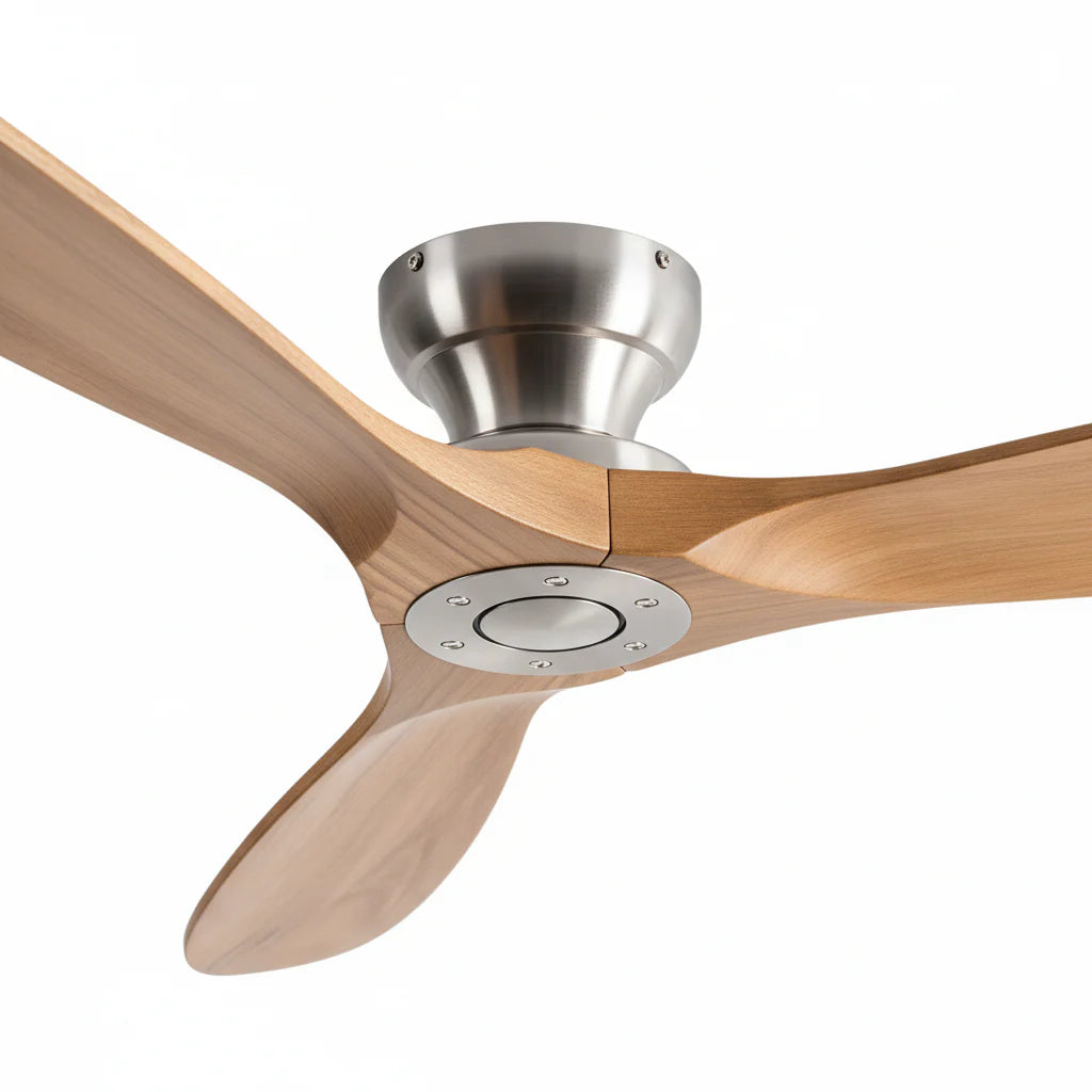 Ventilateur Plafond Bois Massif Sans LED — Moteur DC 35W Silencieux — Argent & Bois Naturel