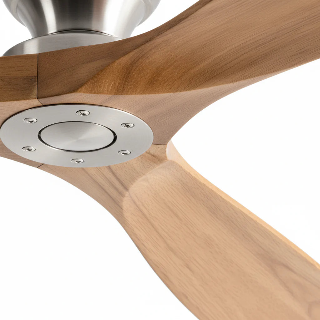 Ventilateur Plafond Bois Massif Sans LED — Moteur DC 35W Silencieux — Argent & Bois Naturel