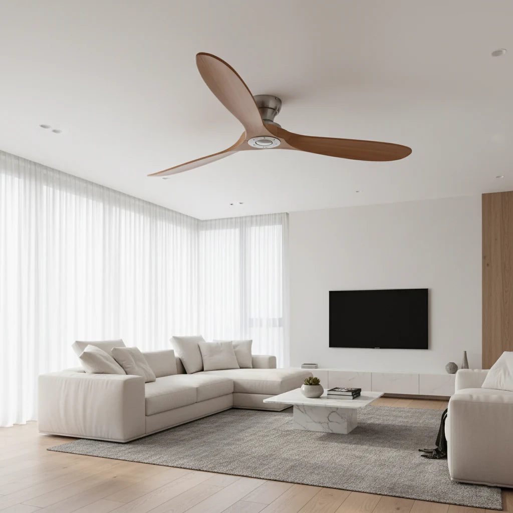 Ventilateur Plafond Bois Massif Sans LED — Moteur DC 35W Silencieux — Argent & Bois Naturel