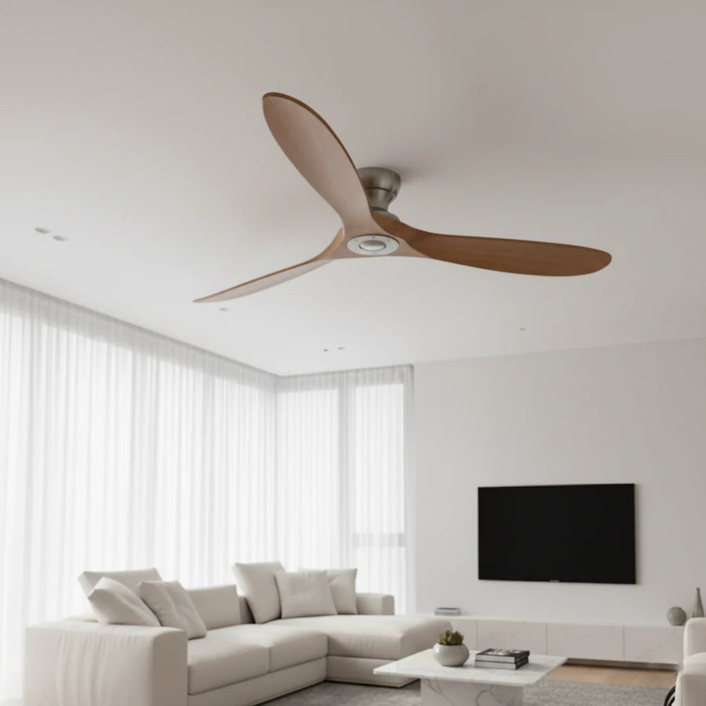 Ventilateur Plafond Bois Massif Sans LED — Moteur DC 35W Silencieux — Argent & Bois Naturel
