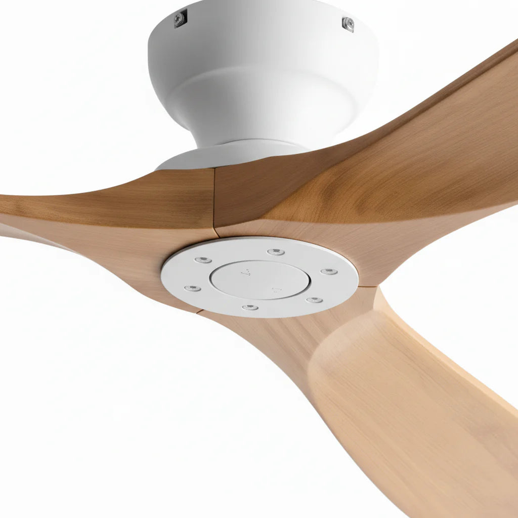 Ventilateur Plafond Bois Massif Sans LED — Moteur DC 35W Silencieux — Blanc & Bois Naturel
