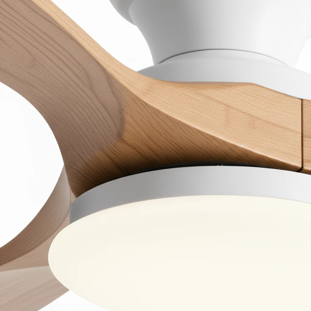 Ventilateur Plafond Bois Massif LED 24W — Moteur DC 35W Silencieux — Blanc & Bois Naturel