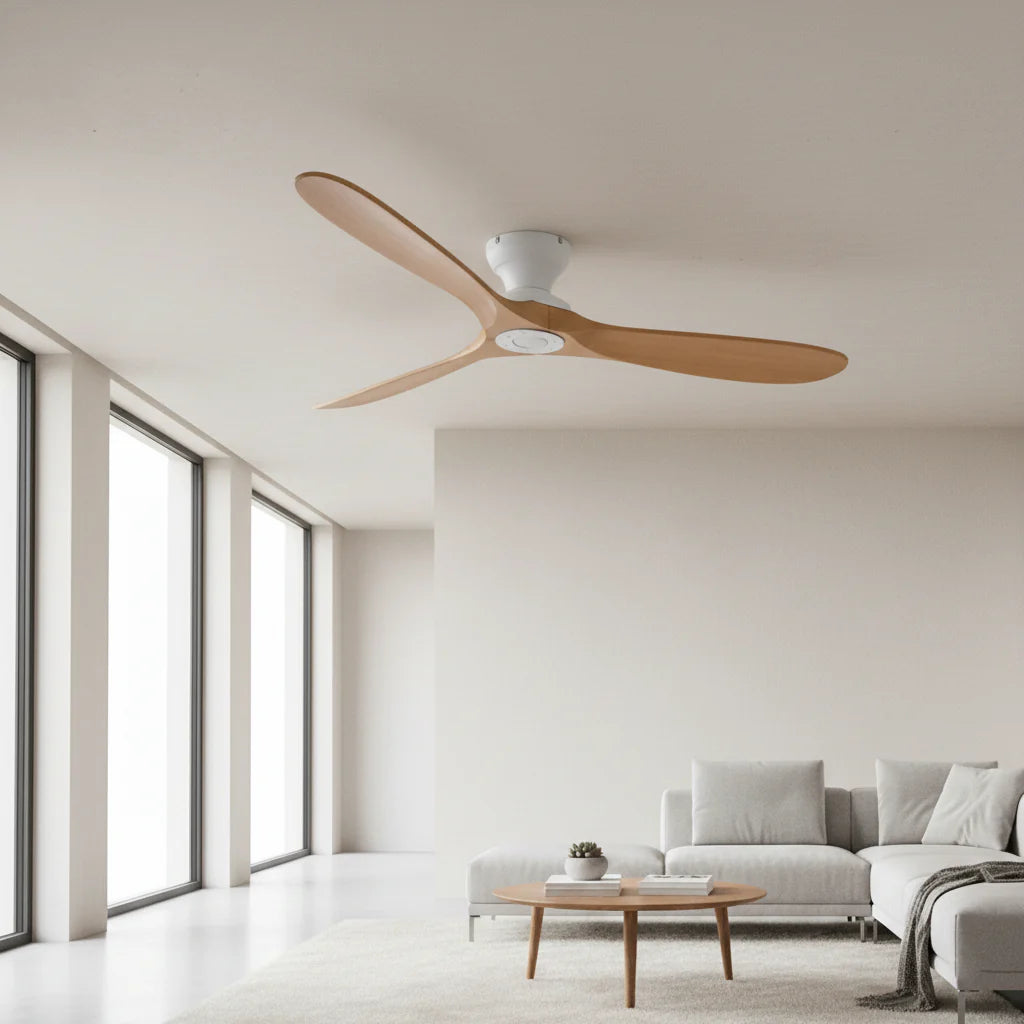 Ventilateur Plafond Bois Massif Sans LED — Moteur DC 35W Silencieux — Blanc & Bois Naturel