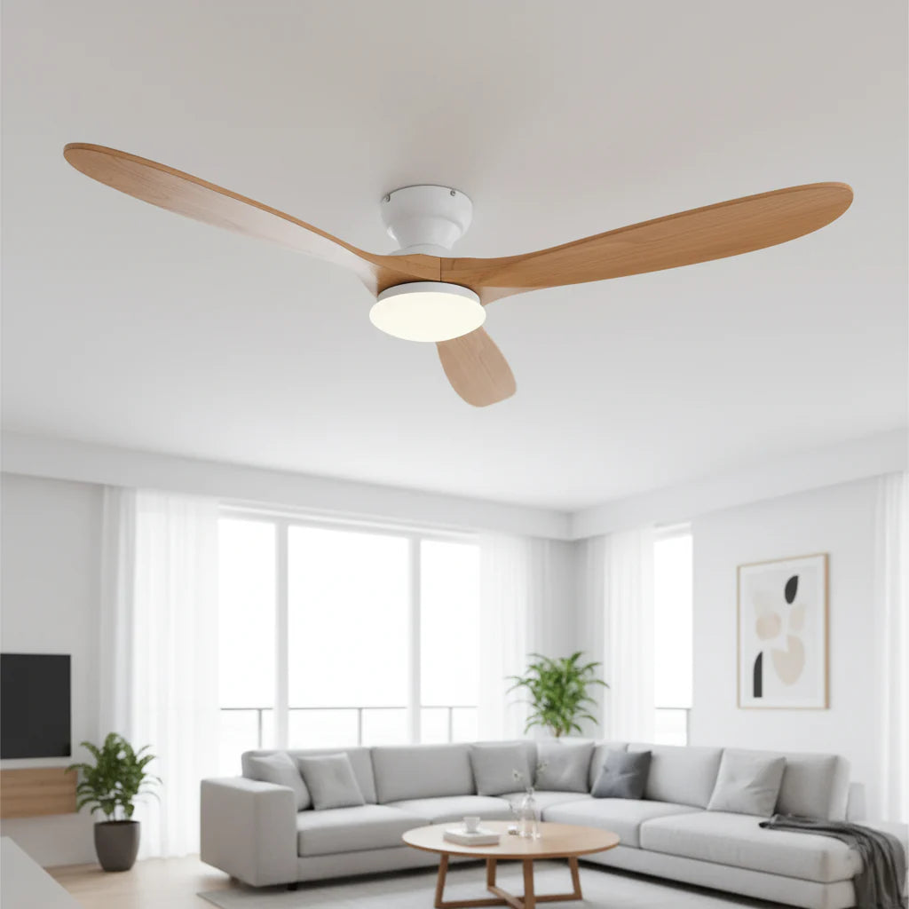 Ventilateur Plafond Bois Massif LED 24W — Moteur DC 35W Silencieux — Blanc & Bois Naturel