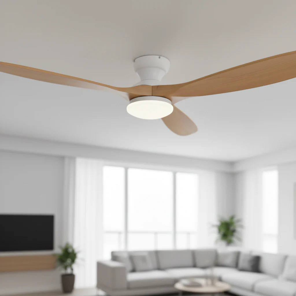 Ventilateur Plafond Bois Massif LED 24W — Moteur DC 35W Silencieux — Blanc & Bois Naturel